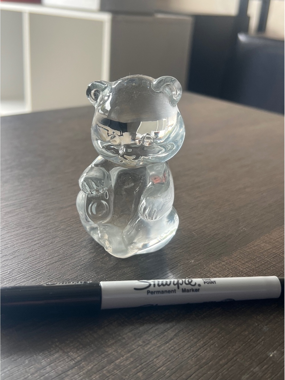 Clear Glass Teddy Bear Figurine Holding Honey Pot – Collectible Paperweight